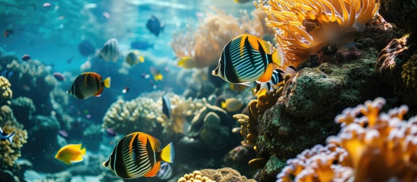 Shoal of exotic fish swimming in natural habitat near coral reef deep at ocean bottom. Copy space image. Place for adding text