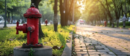 Fototapeta premium The fire hydrant is in a city roadside park. Copy space image. Place for adding text