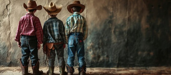 Fototapeta premium Three boys dressed up as cowboys in studio. Copy space image. Place for adding text