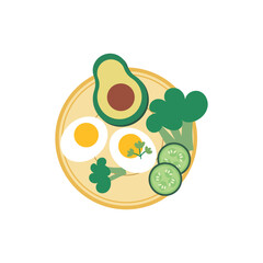 Breakfast on a plate boiled eggs with avocado and herbs. Healthy breakfast. Top view flat vector icon.