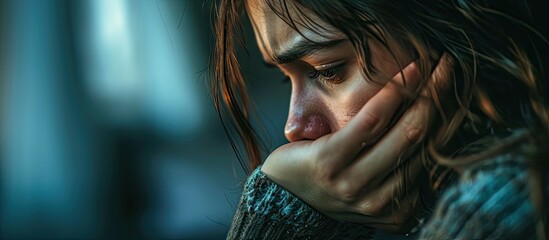 The girl cries and despairs hiding her head in her hands. Copy space image. Place for adding text
