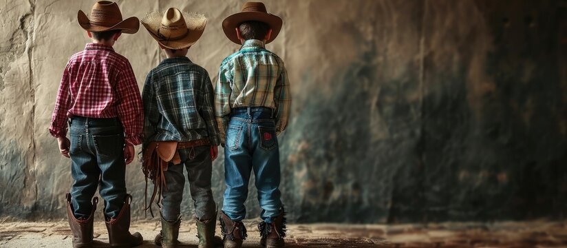 Three boys dressed up as cowboys in studio. Copy space image. Place for adding text