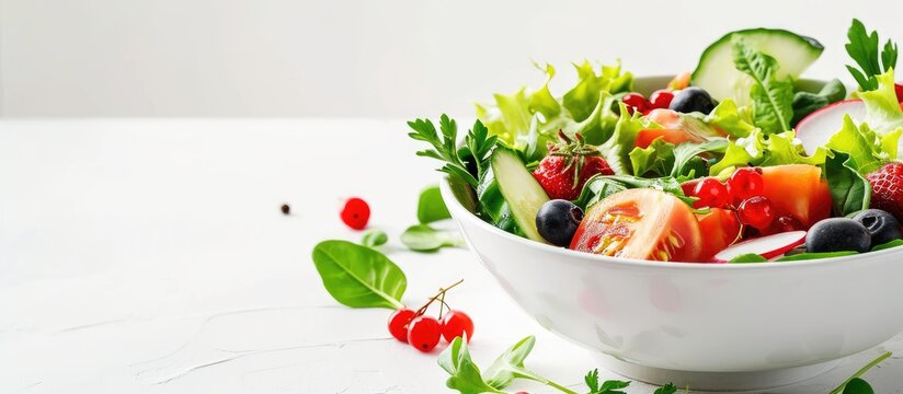 Vegetables and fruits in bowl in flat design Salad bar for healthy meal Vegetarian dish Healthy food on white background. Copy space image. Place for adding text