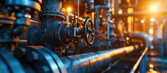 Pressure safety valve install at discharge of feed gas compressor to protect unexpected pressure form process. Copy space image. Place for adding text