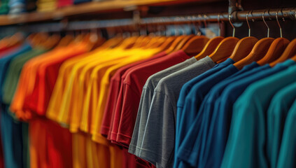 plain t-shirts of different colors hang on a hanger, store interior blur - obrazy, fototapety, plakaty