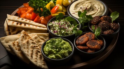 Mediterranean Mezze Elegance: A Close-Up Glimpse of a Wooden Board Showcasing an Exquisite Array of Authentic Mediterranean Mezze