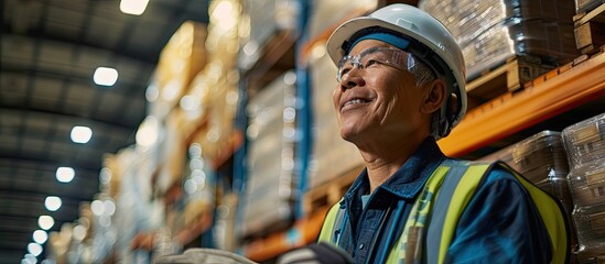 Warehouse Worker Standing and Smiling with arms crossed in Logistic center Asian Senior worker wearing hard hat and safety vests working about shipment in storehouse Working in Distribution Cen