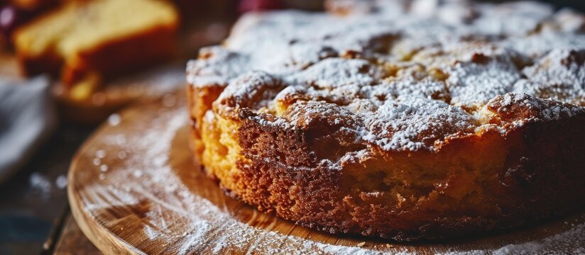 Yogurt cake or gateau au yaourt is a classic French baked good with icing sugar closeup in a plate on a table Vertical. Copy space image. Place for adding text