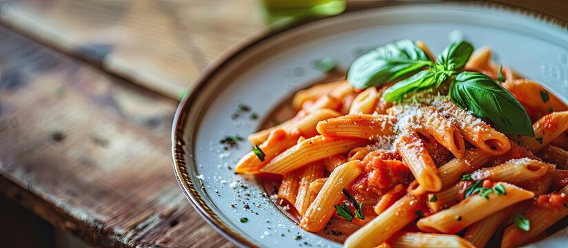 Table top shot of delicious beautiful prepared bowl of penne ala vodka noodles in pink tomato sauce at a gourmet restaurant. Copy space image. Place for adding text