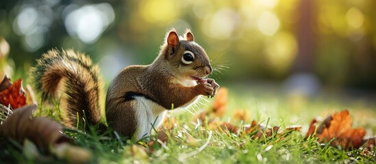 The squirrel wound the joey in its paw with the aim of holding down Animals is situated on the grass. Copy space image. Place for adding text