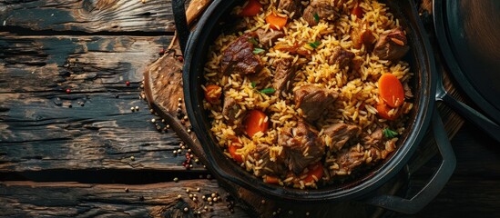 Uzbek pilaf stewed rice with meat in a cast iron cauldron on a dark gray wooden table top view no people toned. Copy space image. Place for adding text