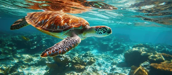Fotobehang sea turtle swimming in the crystal clear waters on a reef in the Caribbean Sea. Copy space image. Place for adding text © Ilgun