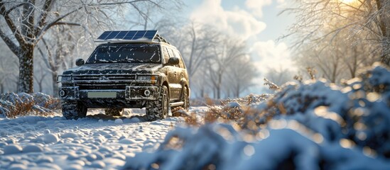 Portable solar panel near roof rack of SUV car at winter. Copy space image. Place for adding text
