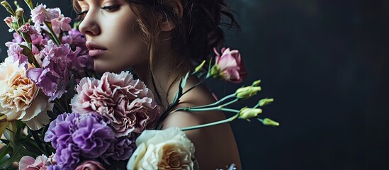 Very nice young woman holding big and beautiful colourful flower wedding bouquet with purple carnations and mattiolas cream David Austin roses ranunculus and pistachios. Copy space image