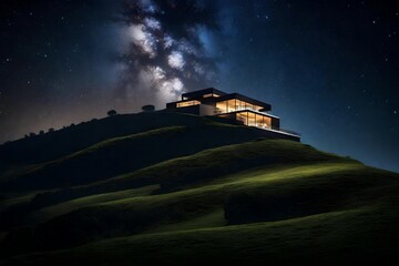 Night view of an apartment on top of a majestically beautiful hill, where the building becomes a beacon of light, shining bright against the starry canvas above