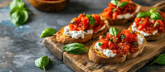 Tomato Ricotta Bruschetta with sun dried tomatoes paste olive oil brown bread and basil. Copy space image. Place for adding text - Powered by Adobe