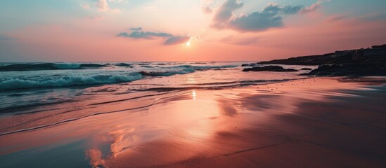 pastel color sunset reflected on the beach. Copy space image. Place for adding text