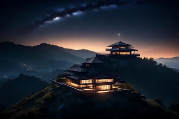 Nightfall around a penthouse on top of a majestically beautiful hill, its silhouette forming a beacon of sophistication against the starlit sky - obrazy, fototapety, plakaty