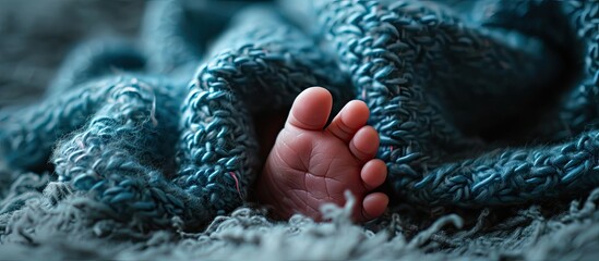 Soft feet of a newborn in a blue woolen blanket Close up of toes heels and feet of a newborn baby The tiny foot of a newborn Studio Macro photography Baby feet covered with isolated background