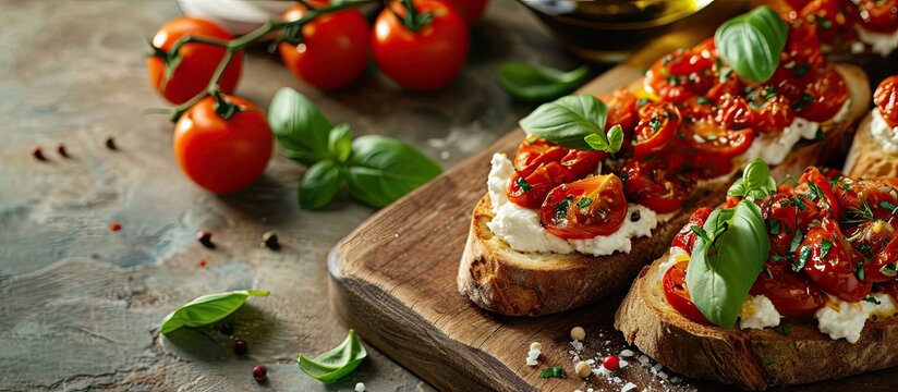 Tomato Ricotta Bruschetta with sun dried tomatoes paste olive oil brown bread and basil. Copy space image. Place for adding text