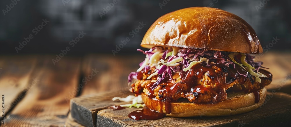 Sticker Pulled bbq chicken sandwich on a brioche bun served with cole slaw and bbq sauce. Copy space image. Place for adding text