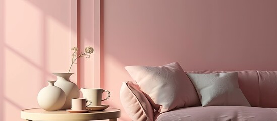 Pastel pink and white vases and coffee mugs on small table in pink living room interior with comfortable sofa. Copy space image. Place for adding text
