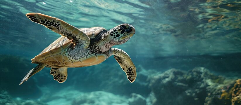 Sea turtle swimming in the sea port El Nuro Mancora Peru. Copy space image. Place for adding text