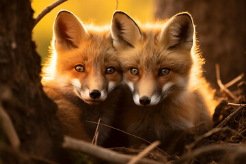"Enchanting Encounter: Close-Up of Red Foxes in Natural Light"

