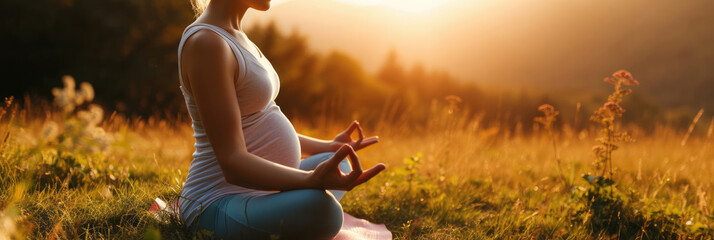 Pregnant Woman Meditating in a Field at Sunset - obrazy, fototapety, plakaty