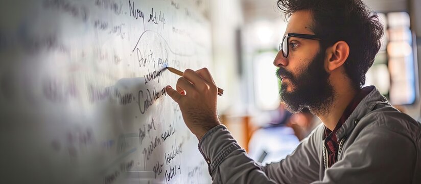 Young Middle Eastern man standing at whiteboard writing past participle forms of irregular verbs during lesson. Copy space image. Place for adding text
