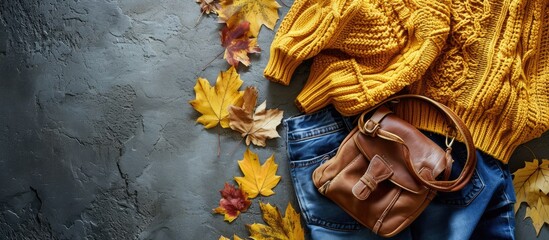 Yellow flying women s knitted sweater blue jeans brown leather bag golden autumn leaves on gray background Creative clothing concept trendy fall cozy sweater pullover jersey Female flat lay fas - obrazy, fototapety, plakaty