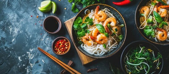 Rice noodles with shrimps and vegetables close up on the table top view of a horizontal. Copy space image. Place for adding text