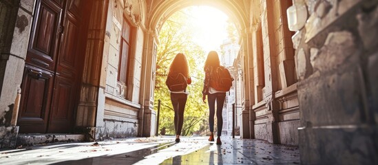 Rear view of two unrecognizable college students entering the university to attend classes on a...
