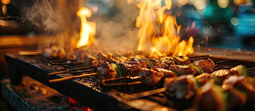Selective focus of grilled kebab or chicken skewers picnic food cooking on outdoor bbq grill with fire flames and smoke in outdoor restaurant food outdoor kitchen. Copy space image