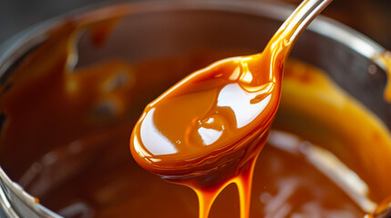 A spoon with a lot of caramel dripping from it. This versatile confection adds delicious, creamy flavor to desserts, pastries, and candies. Concept for National Caramel Day, April 5.