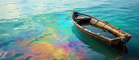 Rainbow oil pollution in the water leaked from the nearby boat. Copy space image. Place for adding text