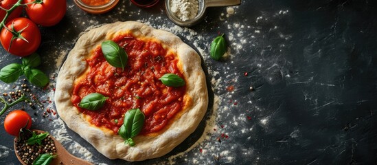 Tomato paste on rolled pizza dough view from above. Copy space image. Place for adding text