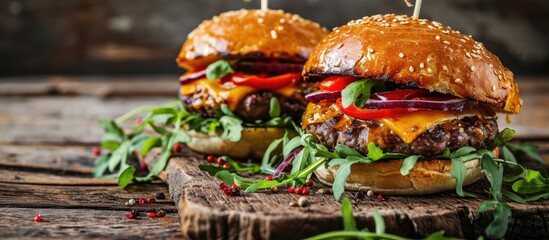 Two delicious homemade burgers with beef cheese and vegetables on white wooden table. Copy space...