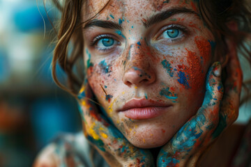 Close up portrait of beautiful artist with paint on face