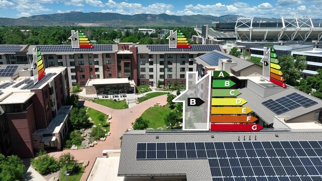 Solar panel energy efficiency classes over buildings showing level rating. Graphic