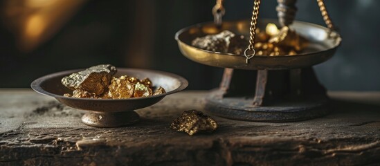 Weighing a gold nugget on a old brass scale dish for trade or exchange. Copy space image. Place for adding text