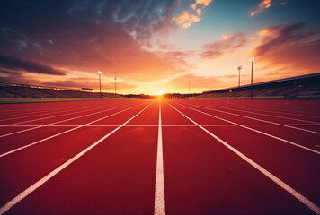 A running track in an outdoor stadium during sun rise