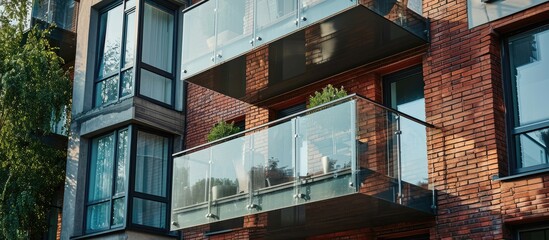 Small clean cozy glass balcony with windows city apartment red brick wall building. Copy space image. Place for adding text