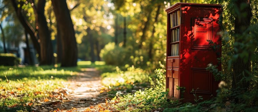 Red Little Free Library box in a quiet neighborhood park surrounded by beautiful nature. Copy space image. Place for adding text