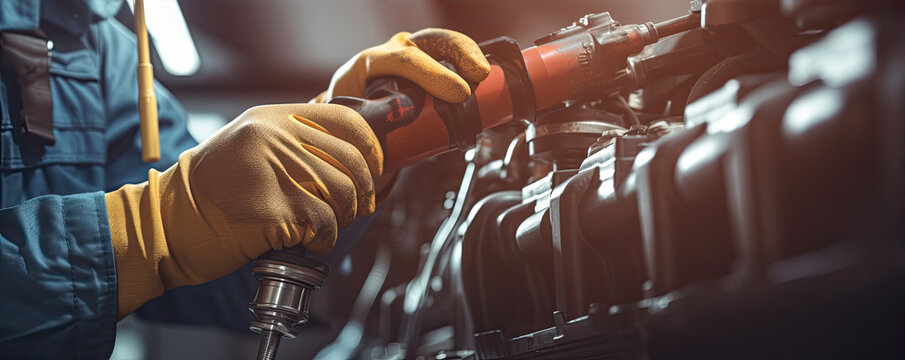 Mechanic using a ratchet wrench and reparing engine on modern car.