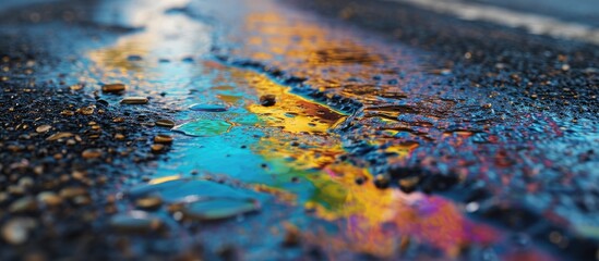Texture of colorful petrol oil spill on wet pavement Slick industry oil fuel spilling water pollution. Copy space image. Place for adding text - obrazy, fototapety, plakaty