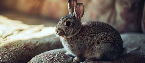 Obraz premium Russet spotted banny rabbit sitting on a couch. Copy space image. Place for adding text