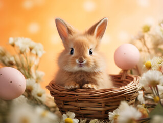 Cute Easter bunny inside a wicker basket