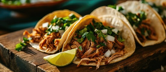Naklejka na ściany i meble Pork carnitas tacos on a cutting board with onion and cilantro. Copy space image. Place for adding text