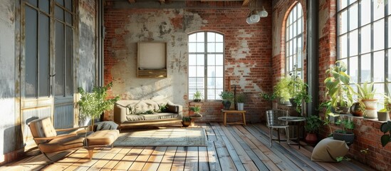 Renovated living room in the interior of an old tenement house decorated in a classic style with exposed brick wall and a restored pine board floor with a place to rest. Copy space image